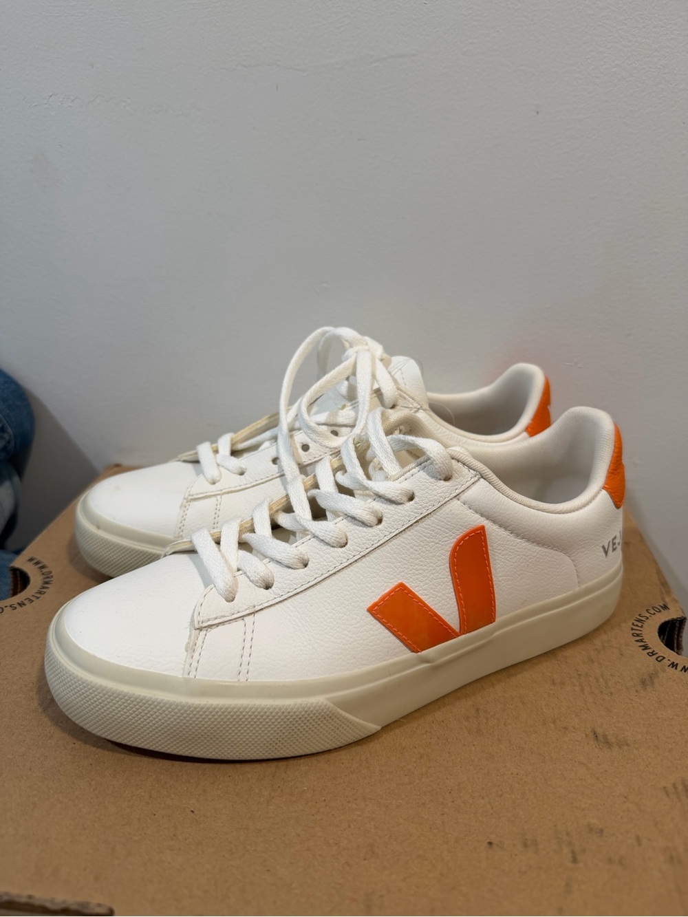 Veja Women's White Leather Sneakers with Orange V Logo